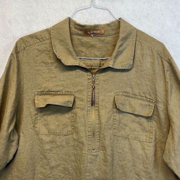 ELLEN TRACY Women’s 100% Linen Half-Zip Utility Top Olive Green Size XL Pockets - Picture 2 of 9